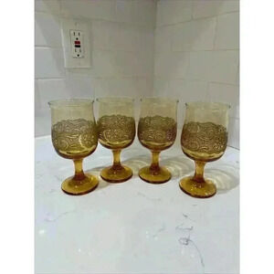 4 Vintage Libbey Americana Amber Stemmed Wine Glasses Goblets Embossed 8 Oz.